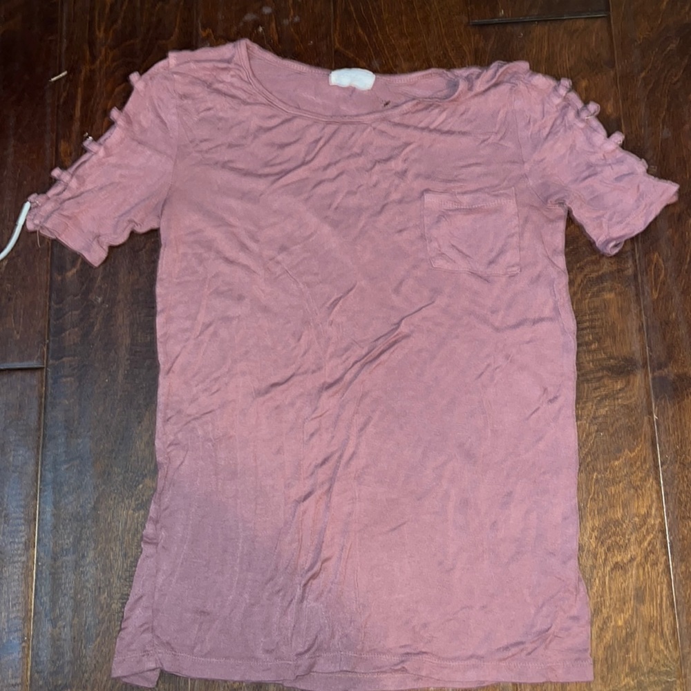 Purple tee with an off the shoulder affect